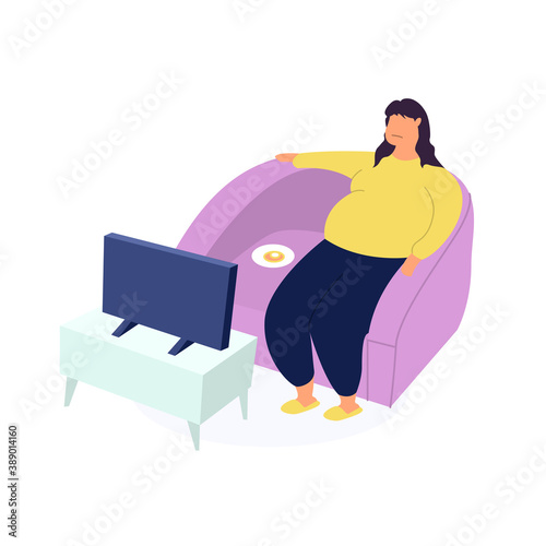 Obese young woman, fat girl sitting on couch and watching tv. Food addiction, obesity and eating and nutritional disorder concept. Fatness and overeating. Flat cartoon vector illustration. photo
