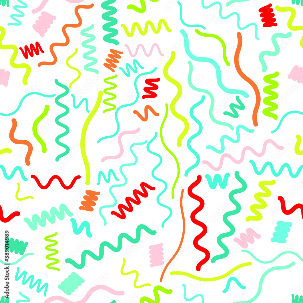 Hipster fashion .Trendy seamless pattern in Memphis style and with different shapes i. Jumble design . Repeating zigzag smooth lines vector background . Cool geometric texture . Hipster fashion .Trendy seamless pattern in Memphis style and with different shapes i. Jumble design . Repeating zigzag smooth lines vector background . Cool geometric texture .