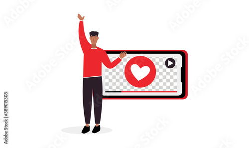 Video Blog Illustration. Man Blogger With Smartphone. Flat Vector Illustration. Vector illustration