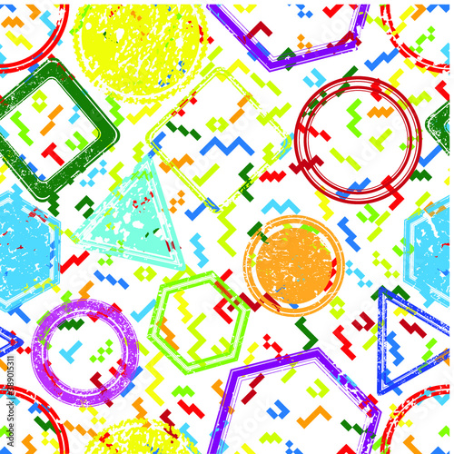 Hipster fashion .Trendy seamless pattern in Memphis style and with different shapes i. Jumble design . Repeating zigzag smooth lines vector background . Cool geometric texture .