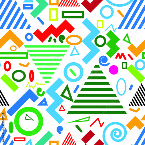 Hipster fashion .Trendy seamless pattern in Memphis style and with different shapes i. Jumble design . Repeating zigzag smooth lines vector background . Cool geometric texture .