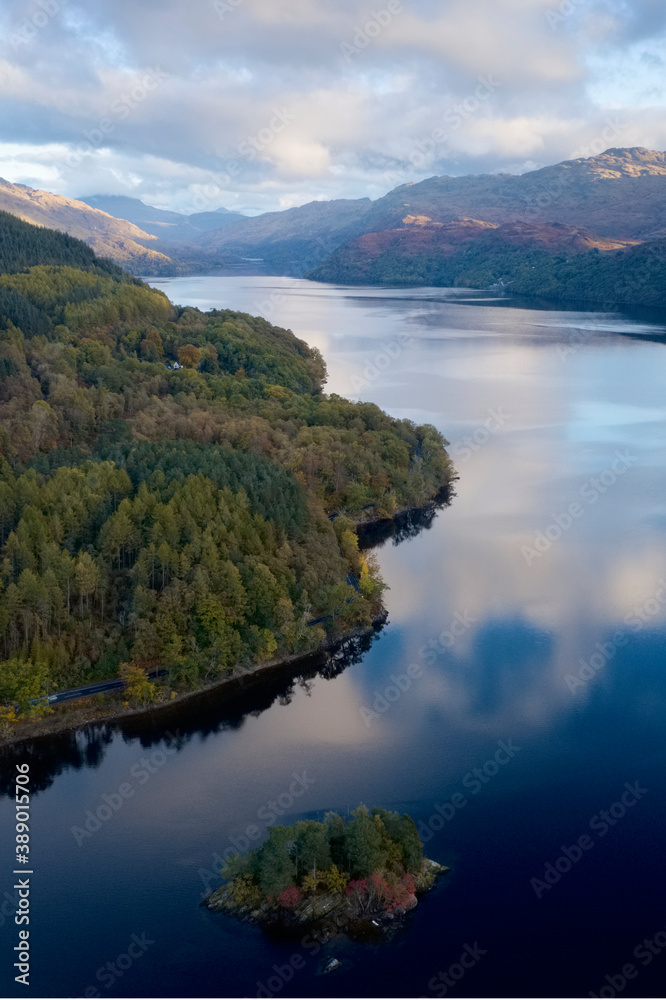 Loch Lomond aerial view at Autumn during sunrise near Tarbet Loch Lomond aerial view at Autumn during sunrise near Tarbet