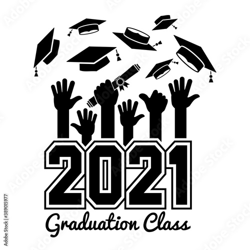 Class of 2021. The concept of design congratulations graduates of the school. Raised hands toss up the graduation caps. Can be used for greeting card, flyer, invitation, t-shirt print. Vector
