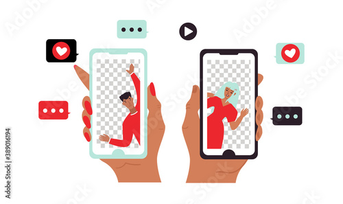 Man and Woman in two Smartphones Vector Illustration