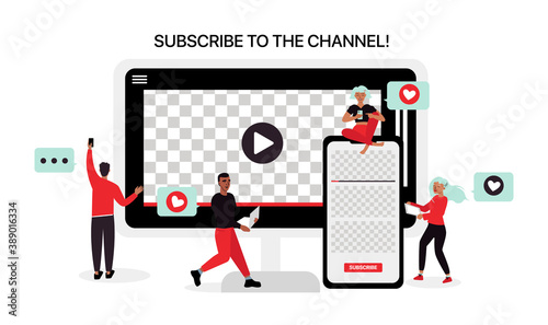 Youtube Illustration. Bloggers Make Content for Social Networks. Flat Vector Illustration. Smartphone and Tablet Transparent Background 
