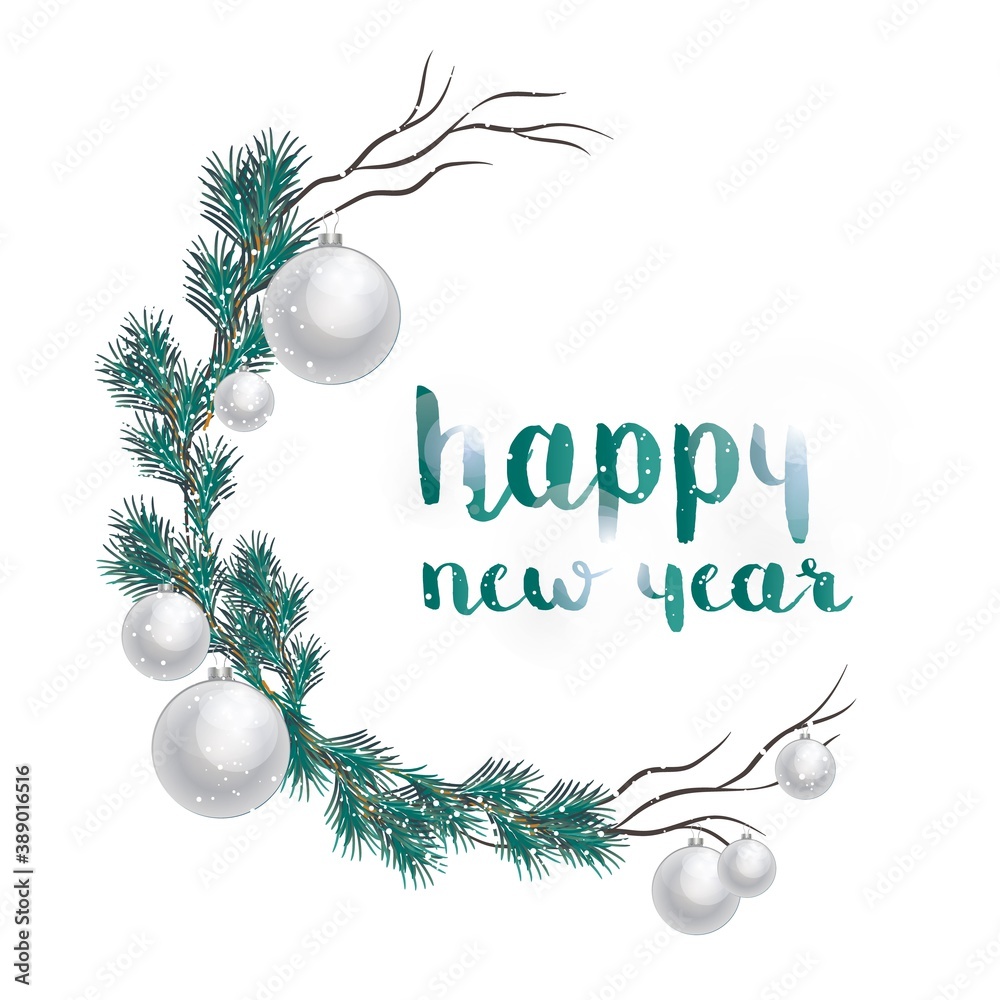 New Year and Christmas decoration balls and fir vector cartoon illustration