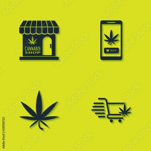 Set Marijuana and cannabis store, Shopping cart with marijuana, leaf and Online buying icon. Vector.