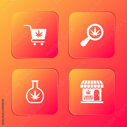 Set Shopping cart with marijuana, Magnifying glass and, Test tube and Marijuana cannabis store icon. Vector.