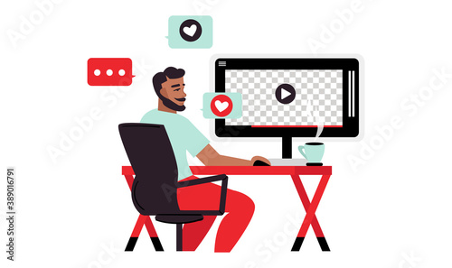 Youtube Illustration. Blogger Drink a Coffee and Watch a Video. Monitor mockup with transparent background. Flat Vector Illustration. Vector illustration