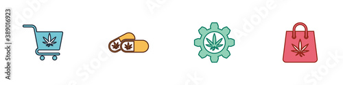 Set Shopping cart with marijuana, Medical pills, Test tube and bag of icon. Vector.
