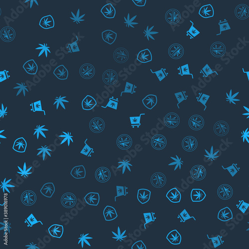 Set Shield and marijuana, Stop, Shopping cart with and Marijuana or cannabis leaf on seamless pattern. Vector.