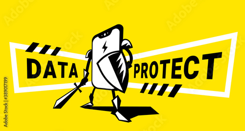 Vector illustration of phone character with sword and shield on yellow background
