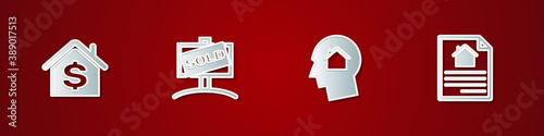 Set House with dollar, Hanging sign Sold, Man dreaming about buying house and contract icon. Vector.