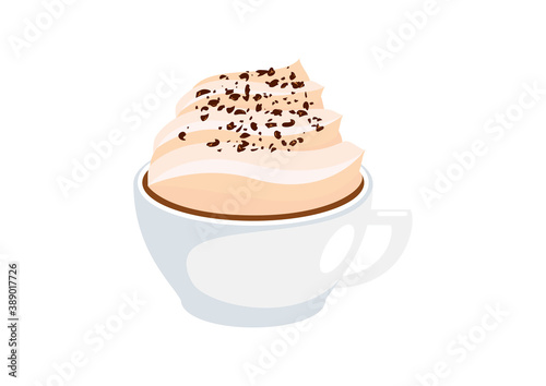 Cup of cappuccino with fluffy milk foam icon vector. Cappuccino icon isolated on a white background. Cup of coffee with whipped cream vector. White cup with hot chocolate and whipped cream icon vector
