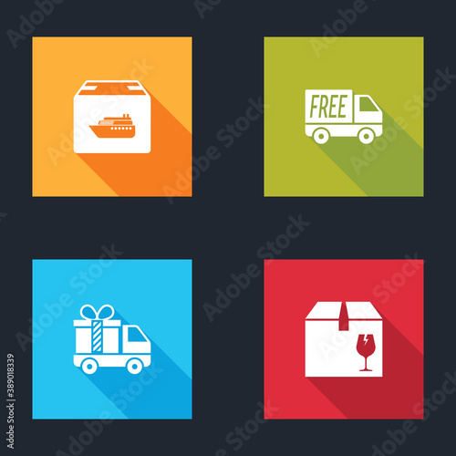 Set Cargo ship with boxes, Free delivery service, Delivery truck gift and fragile content icon. Vector.