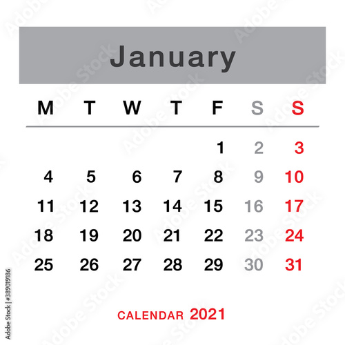 January 2021 planning calendar . Simple January 2021 calendar. Week starts from Monday. Template of calendar for January 