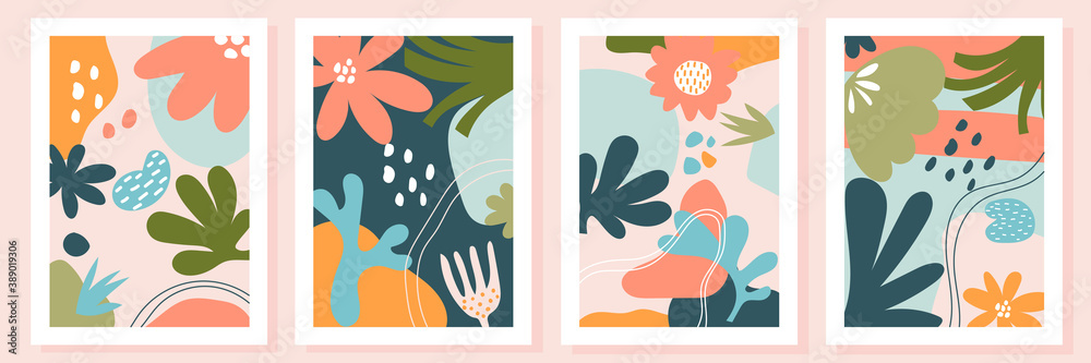 Set of four abstract backgrounds. Bundle of modern vector collages with hand drawn nature shapes, floral textures, graphic elements and doodle objects. Contemporary modern, trendy vector illustrations