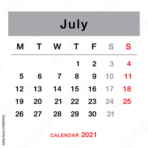 July 2021 planning calendar . Simple July 2021 calendar. Week starts from Monday. Template of calendar for July