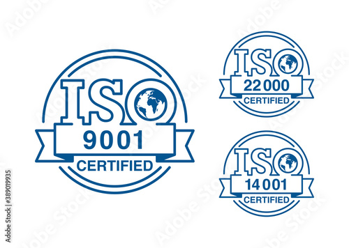 ISO 9001, 14001 and 22000 certified stamps collection - worldwide quality management system international standard emblems set - isolated vector signs