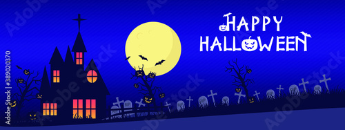 Holiday Halloween. Black silhouettes of pumpkins on the cemetery on night sky background. Graveyard and broken trees. Vector illustration