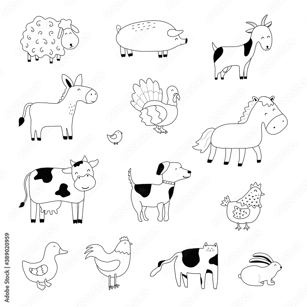 Set of cartoon farm animals. Collection of outline stylized domestic