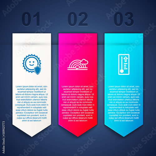 Set UV protection, Rainbow with cloud and Meteorology thermometer. Business infographic template. Vector.