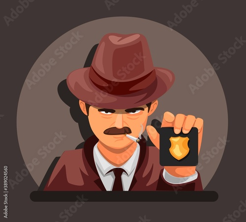 Detective showing police badge. criminal case investigation agent character concept in cartoon illustration vector