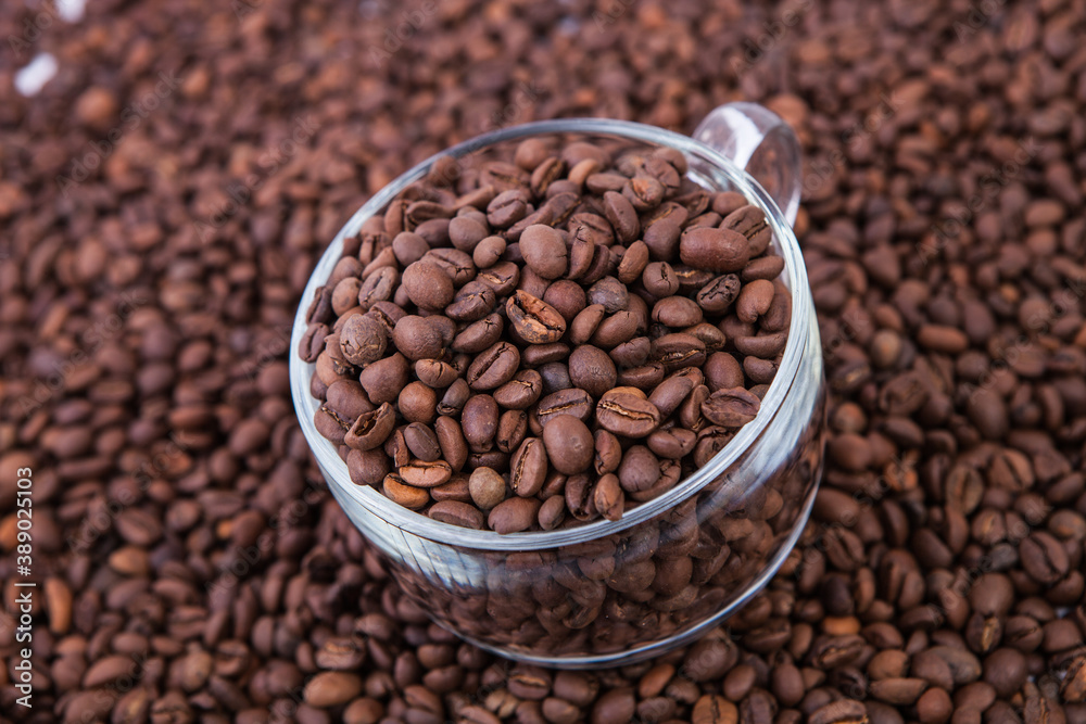 Fototapeta premium Cup of coffee on the coffee beans background