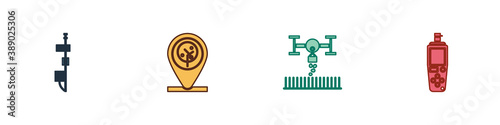 Set Standalone sensor, Location tree, Smart farm with drone and Portable icon. Vector.