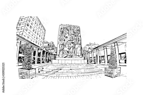 Building view with landmark of The Province of Castellon is in eastern Spain. Hand drawn sketch illustration in vector.