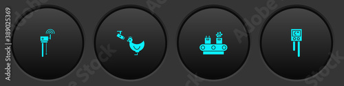 Set Router and wi-fi signal, Chicken farm camera, Conveyor belt with box and Temperature humidity sensor icon. Vector.
