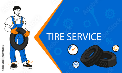 Tire wheel service or shop, car repair garage advertising banner or flyer template with car mechanic, cartoon flat vector illustration. Tire workshop service banner.