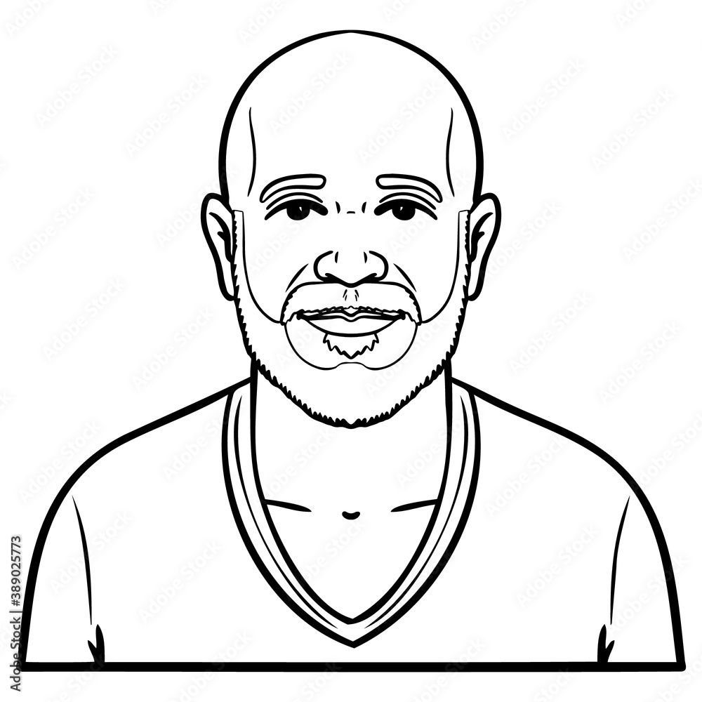 monochrome outline comic drawing of a bald man with a full beard. avatar, upper body.