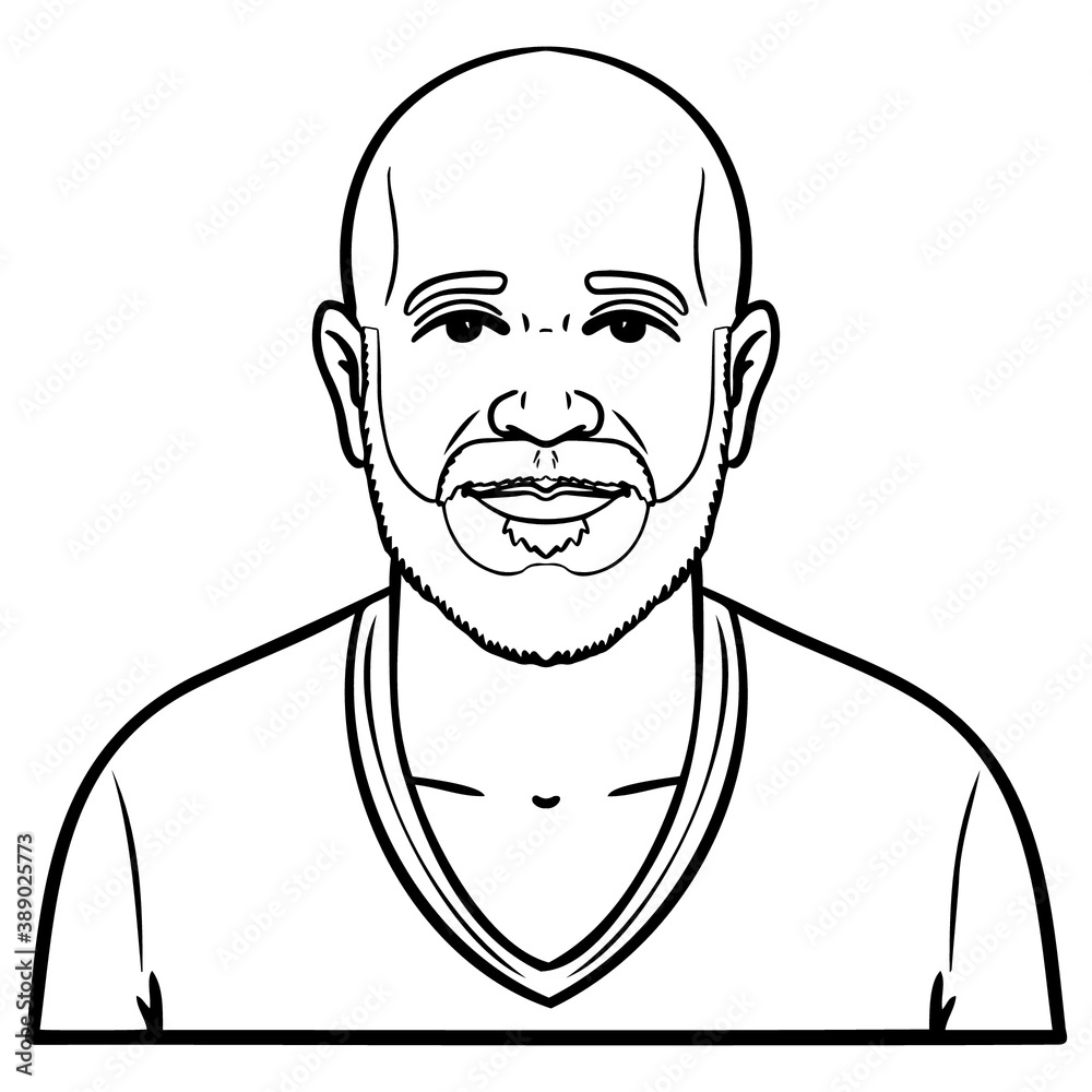 monochrome outline comic drawing of a bald man with a full beard. avatar, upper body. monochrome outline comic drawing of a bald man with a full beard. avatar, upper body.