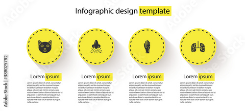 Set Pet, Runny nose, Hand with psoriasis or eczema and Lungs. Business infographic template. Vector.