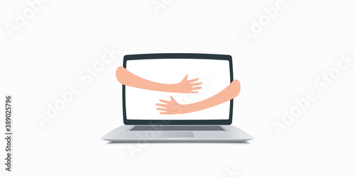 Vector cartoon illustration of hands hugs a laptop