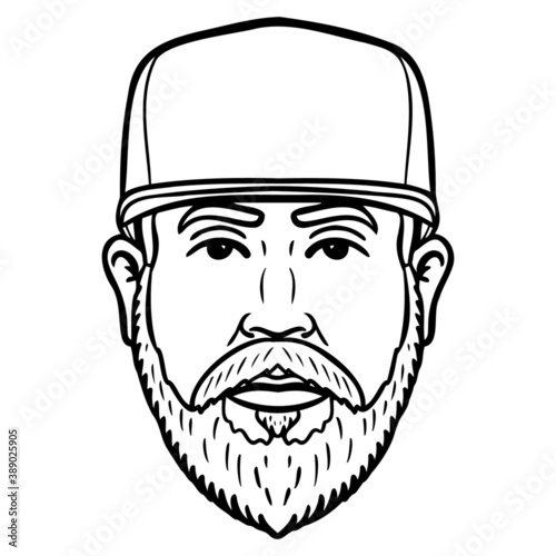 man's head with beard and baseball cap. outline, comic, monochrome.