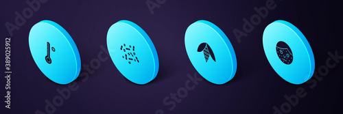 Set Isometric Face with psoriasis or eczema, Bee, Medicine pill tablet and Medical digital thermometer icon. Vector.