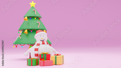 3D illustration rendering. The snow man and the gift boxes on pink scene. Christmas background with snowman and gift boxes. Sweet snow man wearing scarf red.