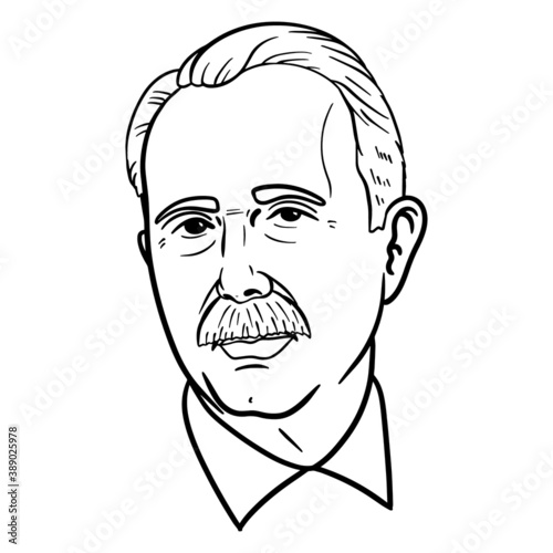 monochrome outline comic drawing of an old man with a schnauzer and shirt collar. avatar, comic.