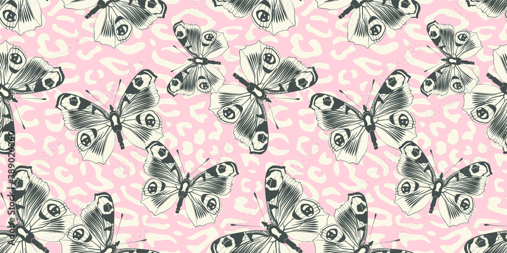 Naklejka premium Seamless vector multicolor butterflies pattern. Butterfly on leopard print. Trendy animal motif wallpaper. Fashionable background for fabric, textile, design, banner, cover, web etc.