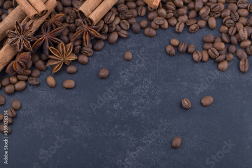 cinnamon sticks and coffee beans. Top view.
