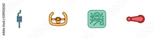Set Car muffler, Sport steering wheel, Gear shifter and door handle icon. Vector.