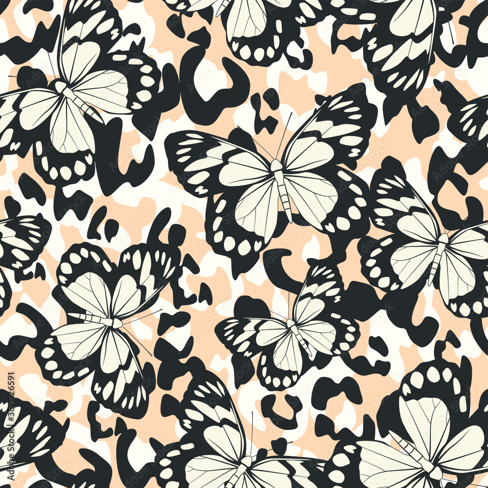 Seamless vector multicolor butterflies pattern. Butterfly on leopard print. Trendy animal motif wallpaper. Fashionable background for fabric, textile, design, banner, cover, web etc.