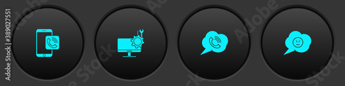 Set Mobile phone call, Computer monitor service, Speech bubble with and angry smile icon. Vector.