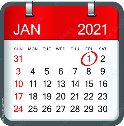 Close up of first day of the year 2021 on calendar. New year is the first day of the year in the Gregorian calendar.
