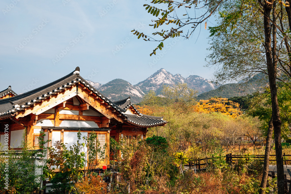Autumn of Eunpyeong Hanok Village with Bukhansan mountain in Seoul, Korea