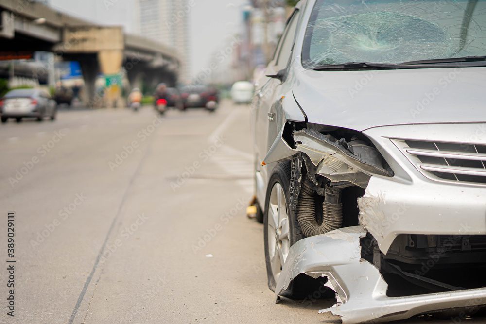 Car crash accident damaged on the road car crash accident on street in the city road, damaged automobiles..