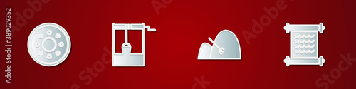 Set Round wooden shield, Well with bucket, Bale of hay and rake and Decree, parchment, scroll icon. Vector.