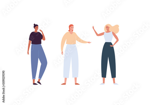 Diversity friendship concept. Female character standing. Vector flat modern people illustration. Woman diverse group of friend in casual outfit of various ethnic isolated on white. Design element.